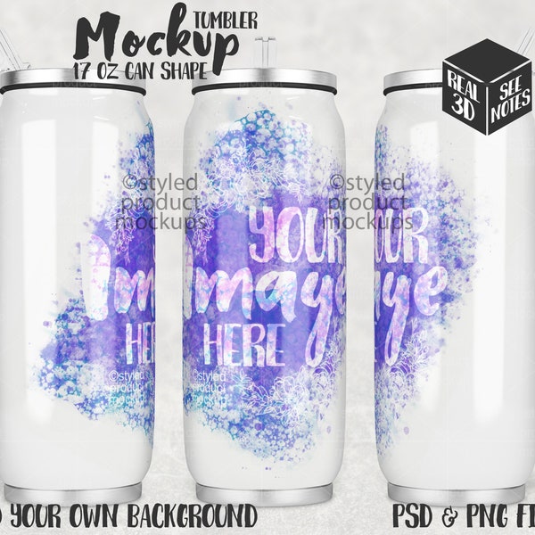 Dye sublimation 17 oz large soda can shaped tumbler full wrap view Mockup | Add your own image and background