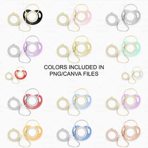 May include: A collection of baby pacifiers in various colors, each featuring a sparkling, gem-studded ring and a matching chain. The pacifiers come in black, pink, silver, purple, gold, green, red, blue, and orange. The text "COLORS INCLUDED IN PNG/CANVA FILES" is also present.