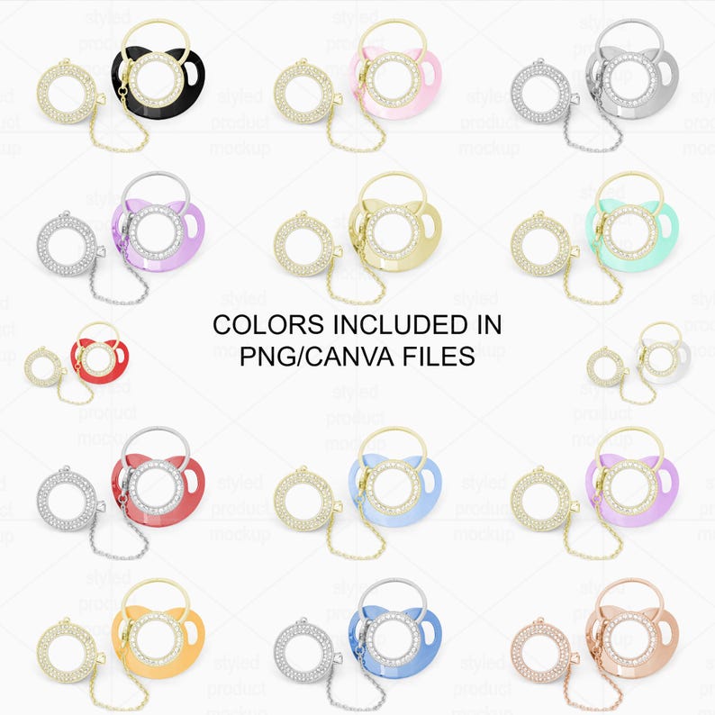 May include: A collection of baby pacifiers in various colors, each featuring a sparkling, gem-studded ring and a matching chain. The pacifiers come in black, pink, silver, purple, gold, green, red, blue, and orange. The text "COLORS INCLUDED IN PNG/CANVA FILES" is also present.