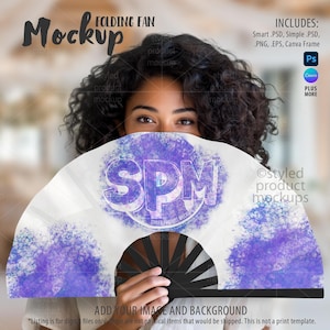 Woman Model Holding a  Fabric Folding Fan Mockup for Dye Sublimation | Add your own image | Photoshop Smart Mockup | Canva Frame Mockup