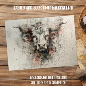 Puede incluir: Un rompecabezas blanco con una ilustraci&oacute;n detallada de la cabeza de un toro con patrones arremolinados y acentos rojos. El rompecabezas est&aacute; sobre una superficie de madera. El texto en el rompecabezas dice "EASILY ADD YOUR OWN BACKGROUND" y "BACKGROUND NOT INCLUDED SEE LINK IN DESCRIPTION."