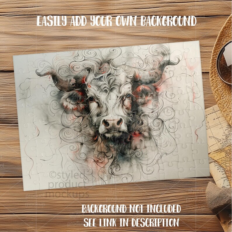 Puede incluir: Un rompecabezas blanco con una ilustraci&oacute;n detallada de la cabeza de un toro con patrones arremolinados y acentos rojos. El rompecabezas est&aacute; sobre una superficie de madera. El texto en el rompecabezas dice "EASILY ADD YOUR OWN BACKGROUND" y "BACKGROUND NOT INCLUDED SEE LINK IN DESCRIPTION."