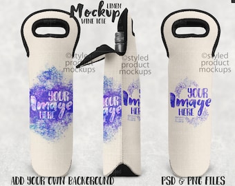 May include: A white linen wine tote with a black handle and zipper. The tote has a watercolor design with purple and blue hues. The text "Your Image Here" is printed on the tote.