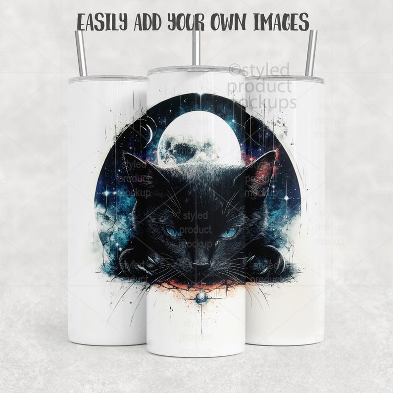 May include: White stainless steel tumblers with a black cat design. The cat has blue eyes and is set against a backdrop of a full moon and starry night. The text "EASILY ADD YOUR OWN IMAGES" is at the top.