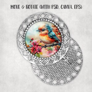 May include: A silver-colored, decorative pendant with a detailed, openwork design. The pendant features a colorful image of a bird perched on a flowering branch. The text "MOVE & ROTATE (WITH PSD, CANVA, EPS)" is at the top.