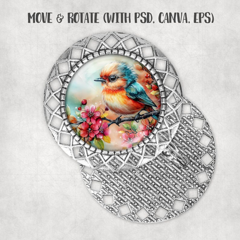 May include: A silver-colored, decorative pendant with a detailed, openwork design. The pendant features a colorful image of a bird perched on a flowering branch. The text "MOVE & ROTATE (WITH PSD, CANVA, EPS)" is at the top.