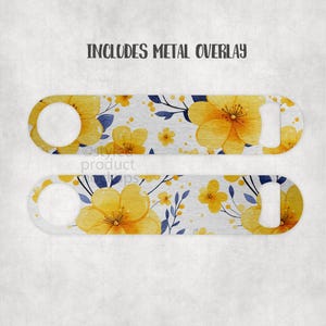 May include: Two metal bottle openers with a floral design. The design features yellow flowers and blue leaves on a white background. The text "INCLUDES METAL OVERLAY" is at the top.