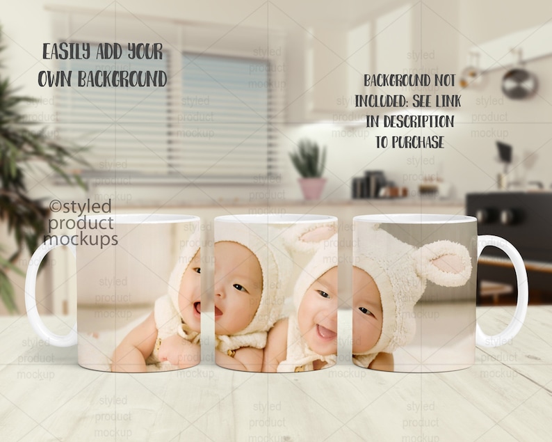 May include: Three white ceramic mugs with handles, each featuring a different image of a baby wearing a white hooded hat with bunny ears. The text "EASILY ADD YOUR OWN BACKGROUND" is at the top of the image. The text "BACKGROUND NOT INCLUDED: SEE LINK IN DESCRIPTION TO PURCHASE" is at the top right of the image.