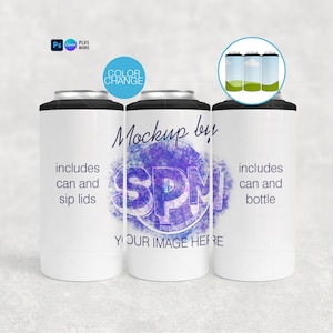 May include: Three white beverage can mockups with black lids. The center can features a purple and blue design with the text "SPM" and "Mockup by". The text "includes can and sip lids" and "includes can and bottle" are also visible.