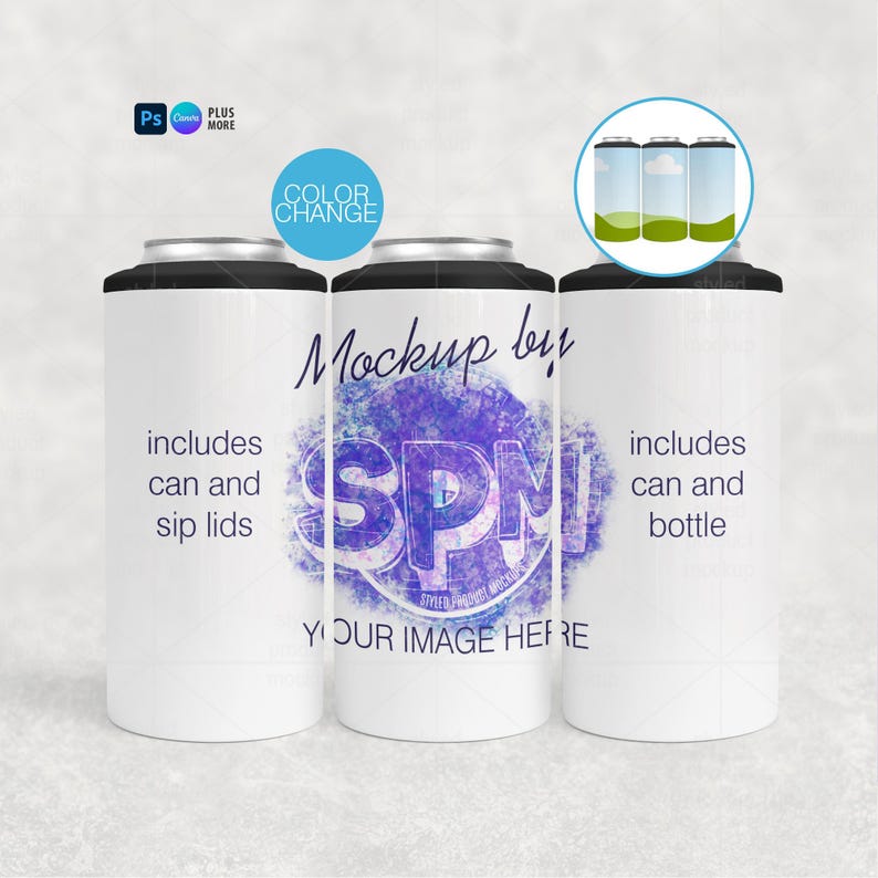 May include: Three white beverage can mockups with black lids. The center can features a purple and blue design with the text "SPM" and "Mockup by". The text "includes can and sip lids" and "includes can and bottle" are also visible.