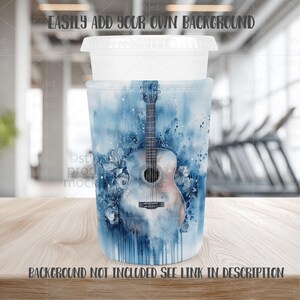 May include: A white cup with a lid, inside a blue watercolor-style sleeve featuring a guitar and floral design. The text "EASILY ADD YOUR OWN BACKGROUND" and "BACKGROUND NOT INCLUDED SEE LINK IN DESCRIPTION" are visible.