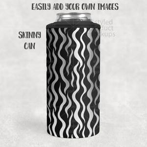 May include: A black and silver skinny can cooler with a wavy flame pattern. The text "SKINNY CAN" is on the left side, and "EASILY ADD YOUR OWN IMAGES" is at the top. The cooler is designed to keep beverages cold.