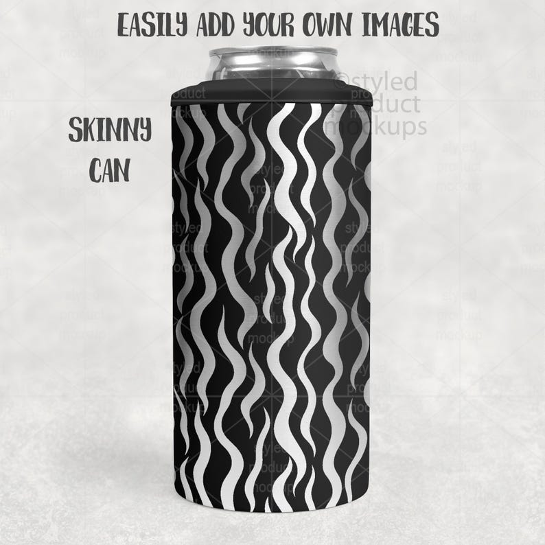 May include: A black and silver skinny can cooler with a wavy flame pattern. The text "SKINNY CAN" is on the left side, and "EASILY ADD YOUR OWN IMAGES" is at the top. The cooler is designed to keep beverages cold.