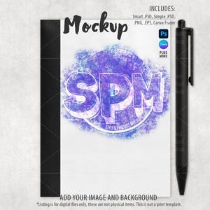 May include: A mockup featuring a white notepad with a black spine and a black pen. The notepad has a purple and blue design with the letters "SPM". Text on the image includes "Mockup" and "Add your image and background".