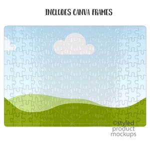 May include: A blue sky with a white cloud over a green grassy field. The image is a jigsaw puzzle with the text "INCLUDES CANVA FRAMES" at the top and "@styled product mockups" at the bottom.