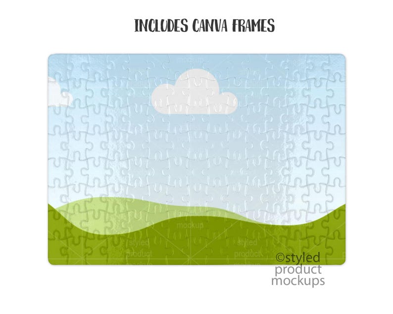 May include: A blue sky with a white cloud over a green grassy field. The image is a jigsaw puzzle with the text "INCLUDES CANVA FRAMES" at the top and "@styled product mockups" at the bottom.