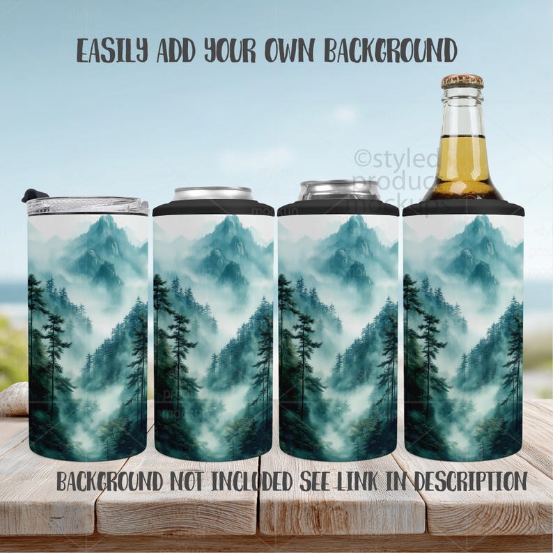 May include: A selection of drink accessories with a misty mountain design. Includes a tumbler, can coolers, and a bottle cooler. The text "EASILY ADD YOUR OWN BACKGROUND" and "BACKGROUND NOT INCLUDED SEE LINK IN DESCRIPTION" are visible.