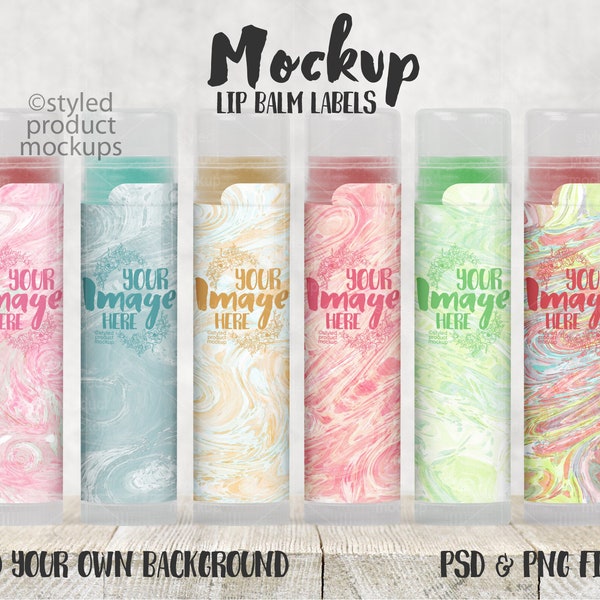 Lip balm tube label with safety tab set mockup template | Add your own image and background