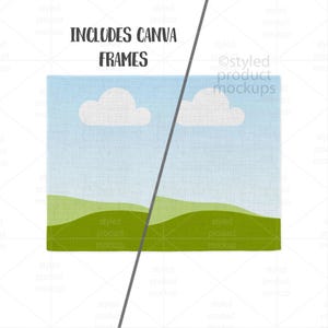 Puede incluir: Maqueta digital con un paisaje de cielo azul, nubes blancas y colinas verdes. El texto "INCLUDES CANVA FRAMES" se muestra en la parte superior. Ideal para presentaciones de productos.