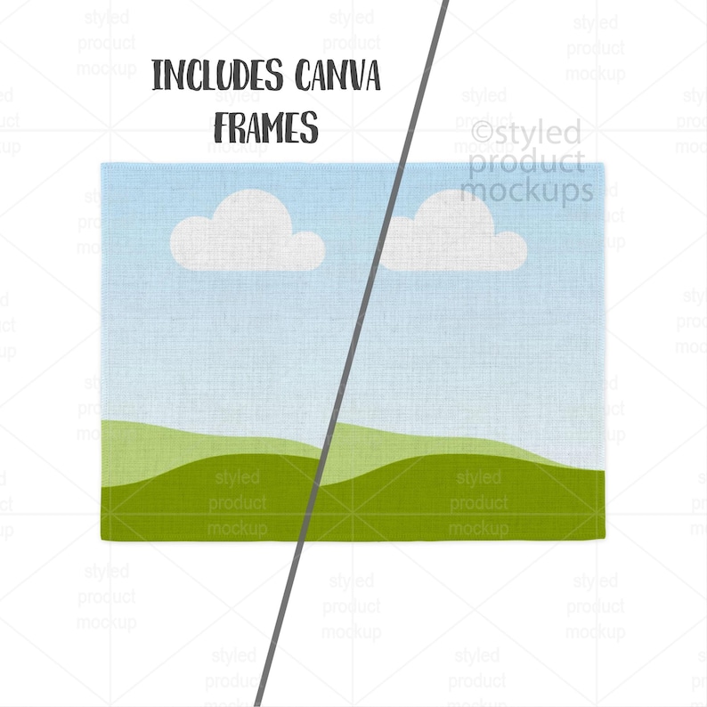 Puede incluir: Maqueta digital con un paisaje de cielo azul, nubes blancas y colinas verdes. El texto "INCLUDES CANVA FRAMES" se muestra en la parte superior. Ideal para presentaciones de productos.