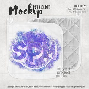 May include: White pot holder mockup with a purple and blue design featuring the letters "SPM". The pot holder is square with a loop for hanging. The image includes the text "Mockup" and "Styled Product Mockups".