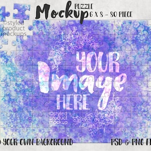 May include: A purple and blue watercolor background puzzle mockup with a white floral wreath and the text "YOUR IMAGE HERE". The puzzle is 6 x 8 and has 80 pieces.