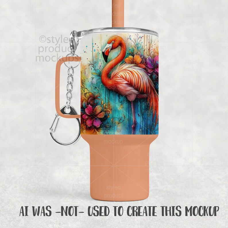 May include: A tumbler with a flamingo design. The tumbler features a vibrant watercolor illustration of a flamingo with pink and orange feathers, set against a backdrop of flowers and a teal wooden fence. The tumbler has a peach-colored base and handle.