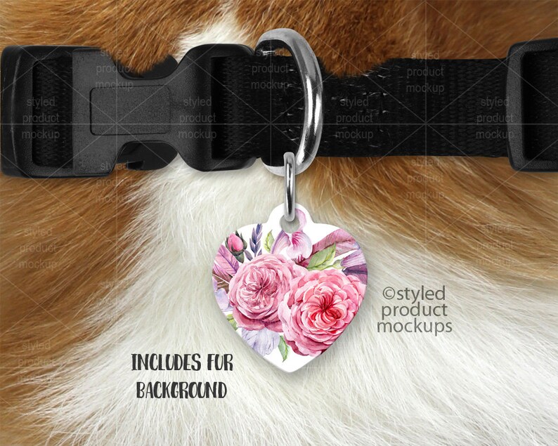 Heart shaped pet tag on a dog collar mockup template Add