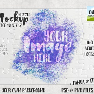 May include: A white 30-piece jigsaw puzzle mockup with a watercolor background in shades of purple, blue, and pink. The text "YOUR IMAGE HERE" is superimposed on the background. The puzzle is 10 inches by 7.5 inches.