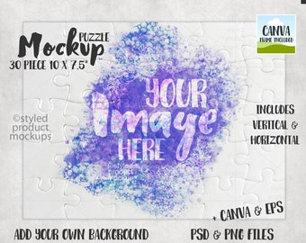 May include: A white 30-piece jigsaw puzzle mockup with a watercolor background in shades of purple, blue, and pink. The text "YOUR IMAGE HERE" is superimposed on the background. The puzzle is 10 inches by 7.5 inches.