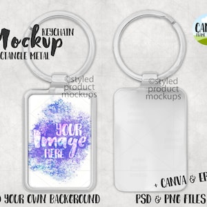 May include: A silver rectangle keychain mockup with a blank space for adding a design. The keychain is on a white background with the text "Mockup" and "Rectangle Metal" in black. The text "CANVA FRAME INCLUDED" is in a green circle with a white border.