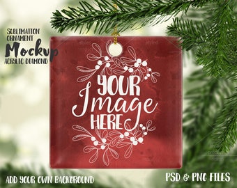 Square sublimation acrylic Christmas ornament mockup template |Add your own Image and Background