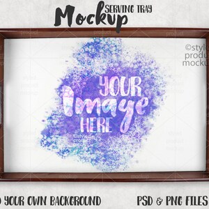 May include: A rectangular serving tray with a dark brown wooden frame and a white centre surface. The centre features a purple and blue watercolour-style splash design with the text "YOUR image HERE" and faint floral line art outlines.