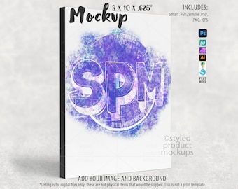 May include: A white mockup with the text "Mockup" at the top. The image features a large, stylized "SPM" logo in shades of purple and blue. The dimensions are 8 x 10 x .625 inches. The image includes the text "ADD YOUR IMAGE AND BACKGROUND".