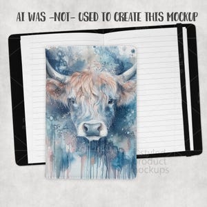 May include: A notebook with a watercolor illustration of a Highland cow. The cover features a detailed portrait of the cow with long horns, set against a blue and gray background. The notebook is open, revealing lined pages.