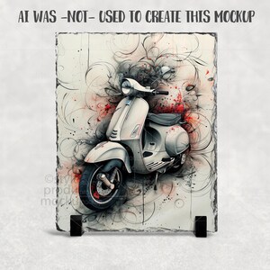 Puede incluir: Ilustraci&oacute;n de un scooter blanco sobre una piedra rectangular. El scooter tiene neum&aacute;ticos negros con detalles en rojo, un asiento gris y un faro cromado. El fondo presenta salpicaduras y remolinos abstractos en negro y rojo. El texto "AI WAS -NOT- USED TO CREATE THIS MOCKUP" est&aacute; en la parte superior.