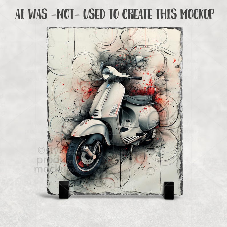 Puede incluir: Ilustraci&oacute;n de un scooter blanco sobre una piedra rectangular. El scooter tiene neum&aacute;ticos negros con detalles en rojo, un asiento gris y un faro cromado. El fondo presenta salpicaduras y remolinos abstractos en negro y rojo. El texto "AI WAS -NOT- USED TO CREATE THIS MOCKUP" est&aacute; en la parte superior.