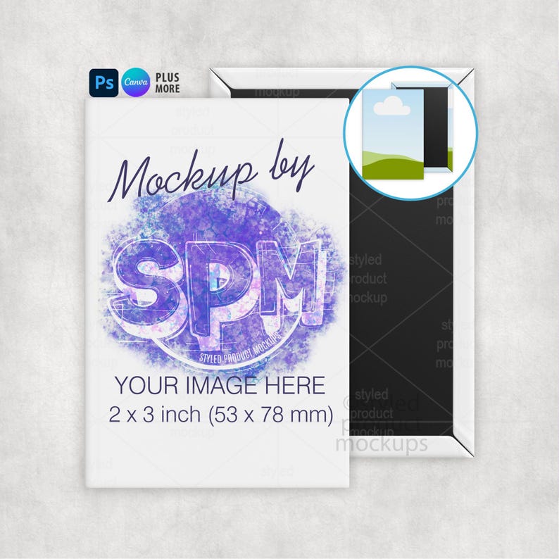 May include: A white rectangular product mockup with the text "Mockup by SPM" and "YOUR IMAGE HERE". The dimensions are 2 x 3 inches (53 x 78 mm). The image includes a small circular preview.