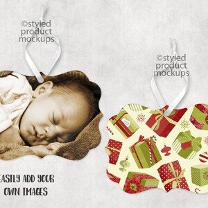 May include: Two Christmas ornament mockups. One features a sleeping baby in a sepia tone. The other features a pattern of red and green gift boxes on a cream background. Both ornaments have a white ribbon.
