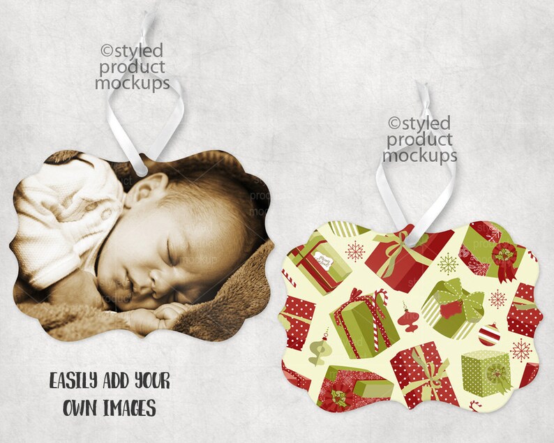 May include: Two Christmas ornament mockups. One features a sleeping baby in a sepia tone. The other features a pattern of red and green gift boxes on a cream background. Both ornaments have a white ribbon.