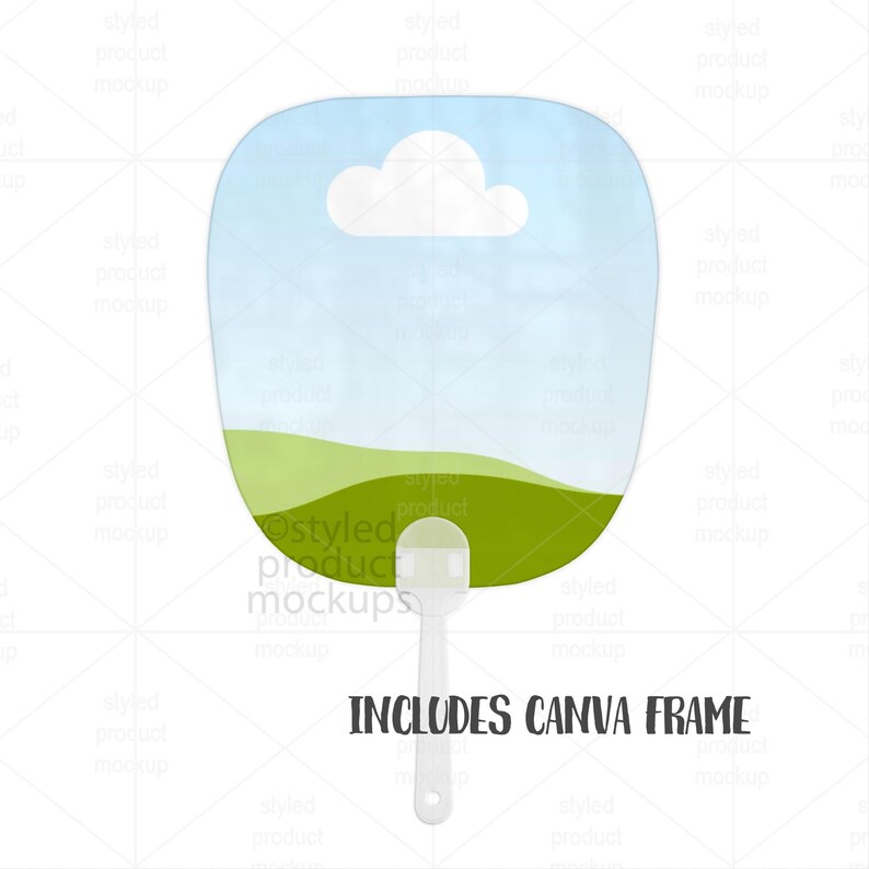 K&ouml;nnte beinhalten: Ein wei&szlig;er F&auml;cher mit Landschaftsdesign, das einen blauen Himmel, eine wei&szlig;e Wolke und gr&uuml;ne H&uuml;gel zeigt. Der Text "INCLUDES CANVA FRAME" ist unten auf dem F&auml;cher in Schwarz gedruckt.