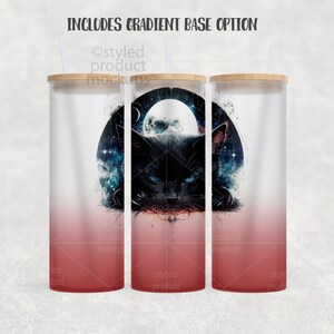 May include: A set of three glass tumblers with wooden lids and straws. Each tumbler features a black cat design with blue eyes, a moon, and a starry sky. The base of the tumblers has a gradient from red to white. The text "INCLUDES GRADIENT BASE OPTION" is at the top.