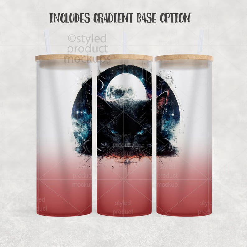 May include: A set of three glass tumblers with wooden lids and straws. Each tumbler features a black cat design with blue eyes, a moon, and a starry sky. The base of the tumblers has a gradient from red to white. The text "INCLUDES GRADIENT BASE OPTION" is at the top.