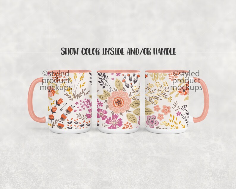 May include: Three white ceramic mugs with pink handles and a floral pattern. The mugs have a pink rim and a floral design with pink, orange, yellow, and green colors. The text "Show Color Inside and/or Handle" is displayed above the mugs.