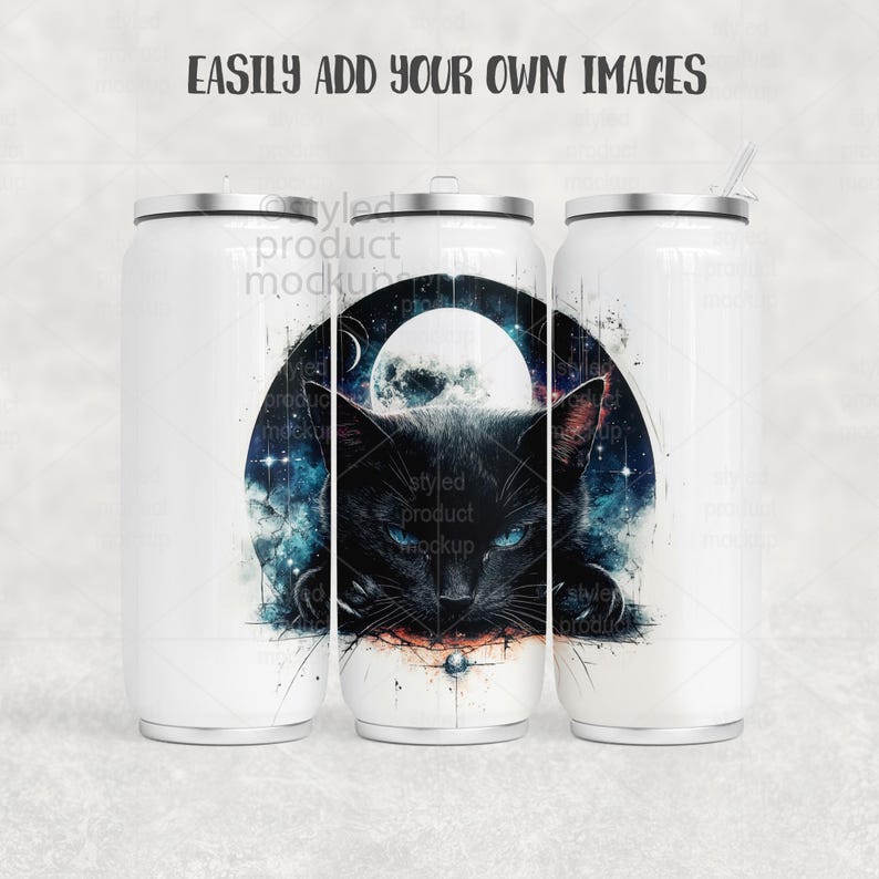 May include: White tumbler with a black cat design. The cat has blue eyes and is set against a backdrop of a full moon and starry night. The text "EASILY ADD YOUR OWN IMAGES" is at the top.