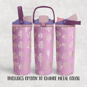 May include: Three pink insulated water bottles with a gold tree pattern. Each bottle has a different lid design in shades of purple and pink. The text at the bottom reads "INCLUDES OPTION TO CHANGE METAL COLOR."