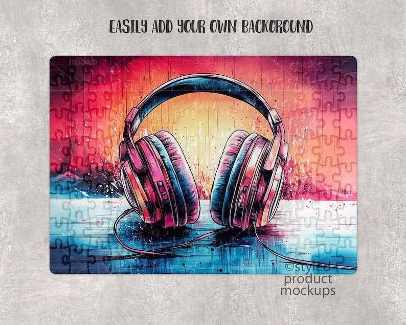 May include: A pair of pink and black headphones with a colorful abstract background. The background features a jigsaw puzzle pattern with red, blue, and yellow colors.