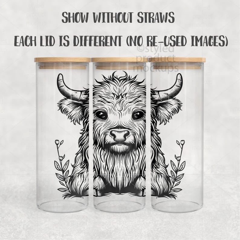 May include: Three clear glass jars with bamboo lids. Each jar features a black and white illustration of a Highland cow. The text "SHOW WITHOUT STRAWS" and "EACH LID IS DIFFERENT (NO RE-USED IMAGES)" is visible.