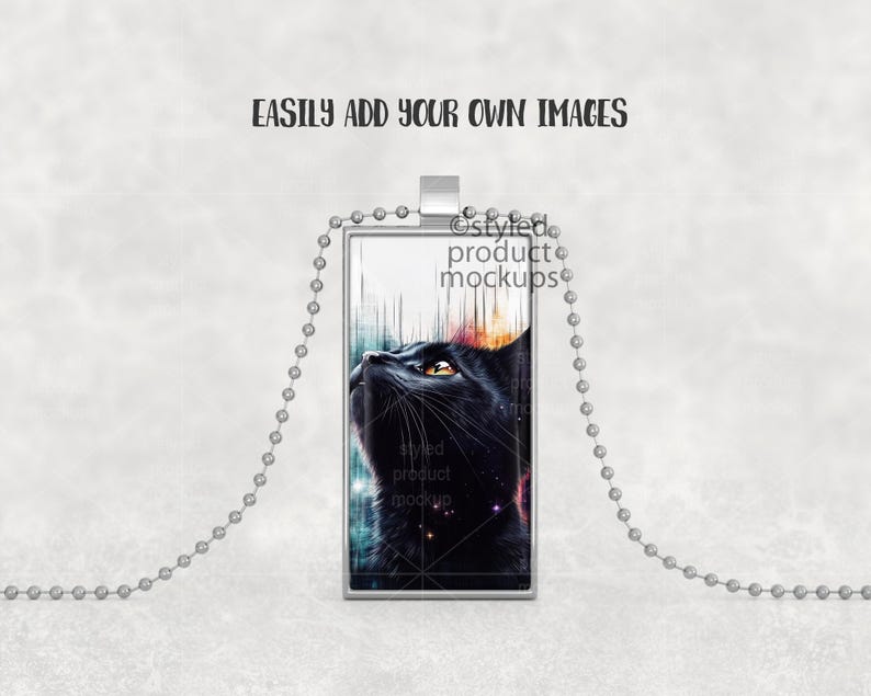 May include: A silver chain necklace with a rectangular pendant featuring a black cat with colorful abstract background.