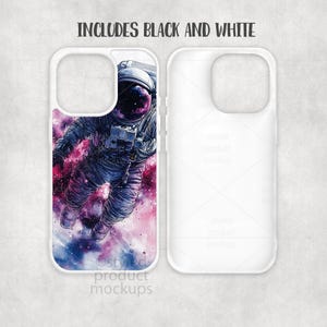 Peut inclure: Coque de t&eacute;l&eacute;phone blanche avec un astronaute flottant dans l'espace, sur fond de n&eacute;buleuse rose, violette et bleue. Le texte "INCLUDES BLACK AND WHITE" est en haut. Une deuxi&egrave;me coque vierge est &agrave; c&ocirc;t&eacute;.